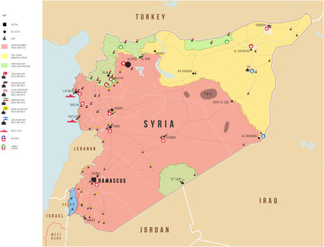 Syrian war map. Main conflict forces and international bases. Proxy war area. Vector illustration map. Geopolitical set concept.
