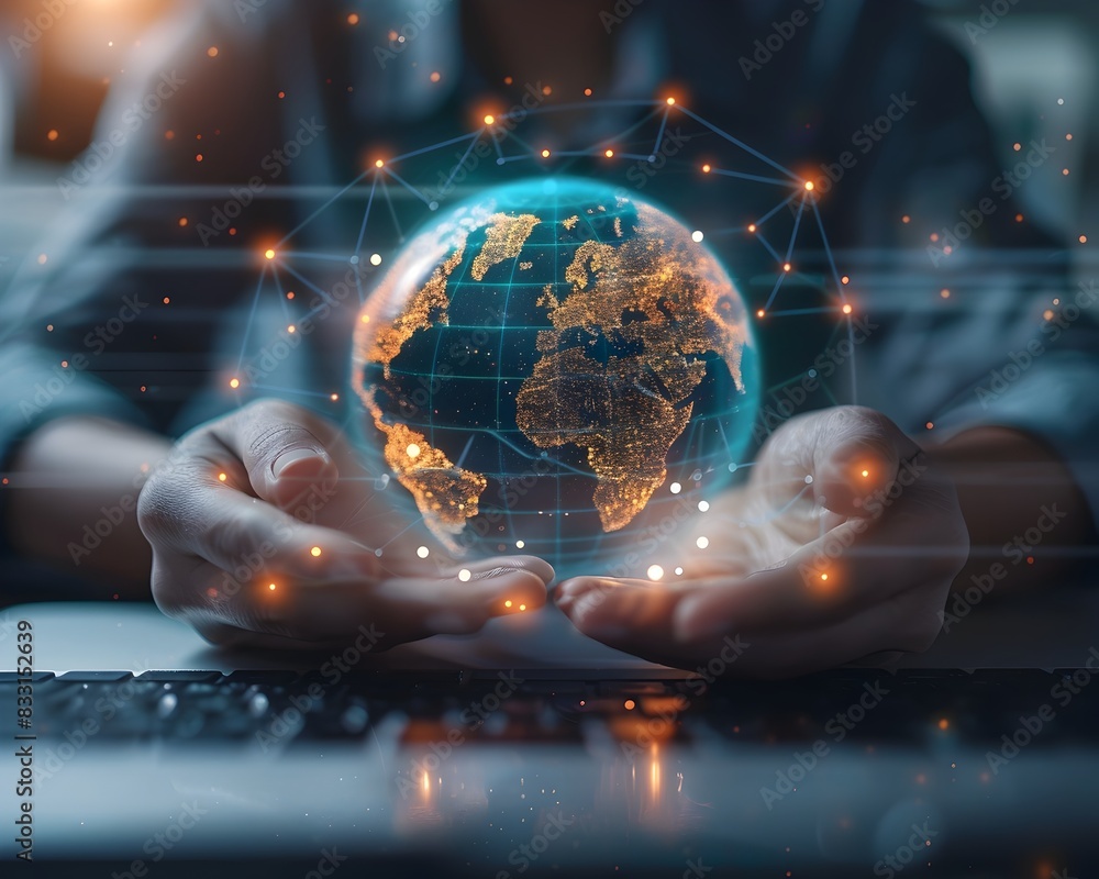 Aufkleber digital marketing strategy and global connectivity through online networks and technology descriptio
