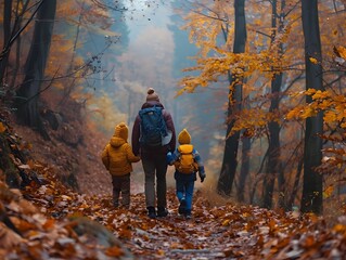 Family Hiking on Autumn Forest Trail in Vibrant Seasonal Scenery