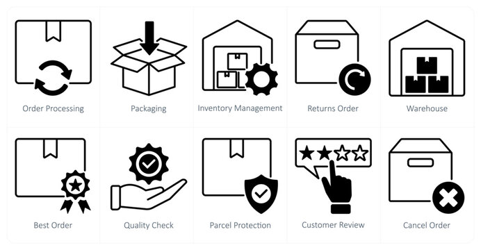 A set of 10 shopping icons as order processing, packaging, inventory management