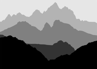 Monochrome silhouettes of mountains on a gray background.