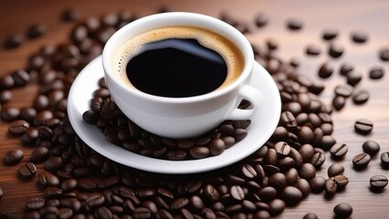 Obraz premium A white cup of rich, dark espresso surrounded by a scattering of coffee beans on a wooden table. The simplicity of the scene emphasizes the deep, robust flavor of the espresso