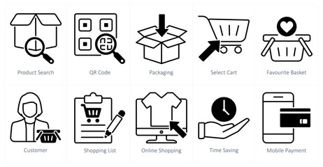 A set of 10 shopping icons as product search, qr code, packaging