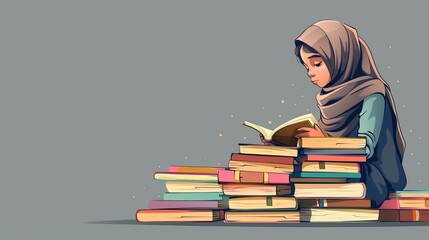 Cartoon Vector A young refugee girl sitting on the ground, surrounded by books and studying, symbolizing the importance of education even in displacement. Generative AI