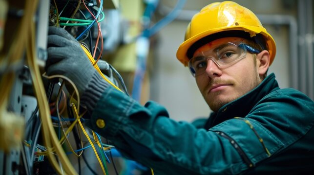 An electrician is carefully repairing or inspecting an electrical panel with wires and circuits