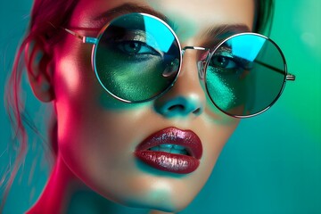 A beautiful woman wearing large round sunglasses, with a metallic silver and emerald green color palette, in the style of high fashion photography.