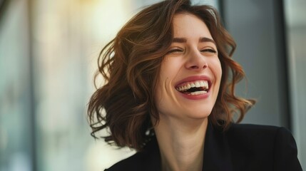 Fototapeta premium A radiant woman is captured laughing genuinely, exemplifying a carefree and happy moment outdoors
