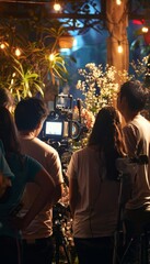 Fototapeta premium Film crew members focus on a camera screen at a night shoot, capturing a scene illuminated by ambient lighting