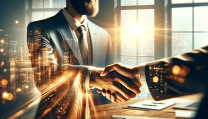 Two business professionals shaking hands in a modern office setting, symbolizing a successful agreement or partnership.