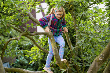 Little preschool girl with eyeglasses climbing on tree on family backyard. Lovely happy child...