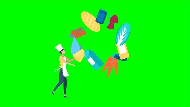Chef cook is juggling with different fruits, vegetables, and ingredients. Woman cooking juggling vegetables. Woman preparing a healthy meal with traditional recipe. 2d flat animation. alpha channel