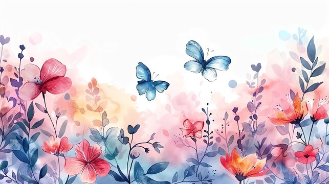 Watercolor painting of butterflies and flowers in a soft, pastel color palette.