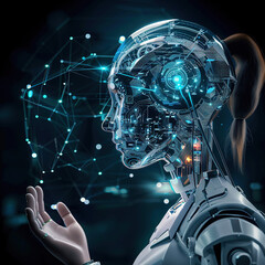 person talking with robotic ai. futuristic tec