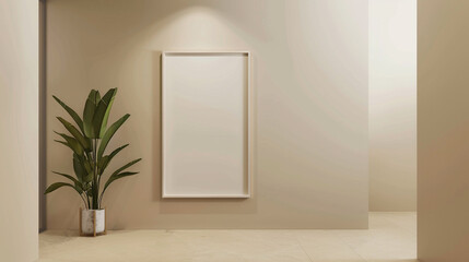 Light beige wall in a minimalist corridor with an oversized portrait blank frame.