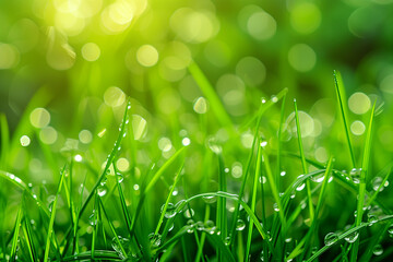 Fototapeta premium grass with dew drops Drops of water land on the field grass .Natural plant texture in shades of green. herbal foundation.