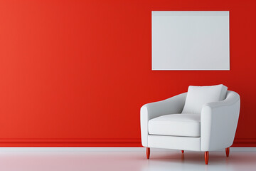 Stark wide format: minimal white armchair against a bright red wall with a blank poster.