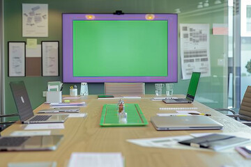 Naklejka premium Modern boardroom setup with lavender TV, silver laptops, and pale oak table.