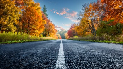 Obraz premium Scenic Countryside Road Surrounded by Vibrant Autumn Foliage and Trees