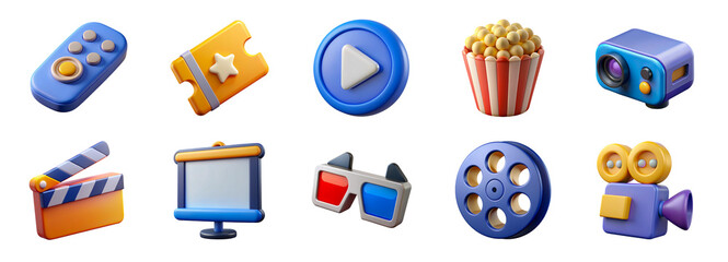 3d cartoon cinema icons set. Remote, ticket, play button, popcorn, camera, clapperboard, screen, 3d glasses, film reel, movie camera, cut out - stock 3d.
