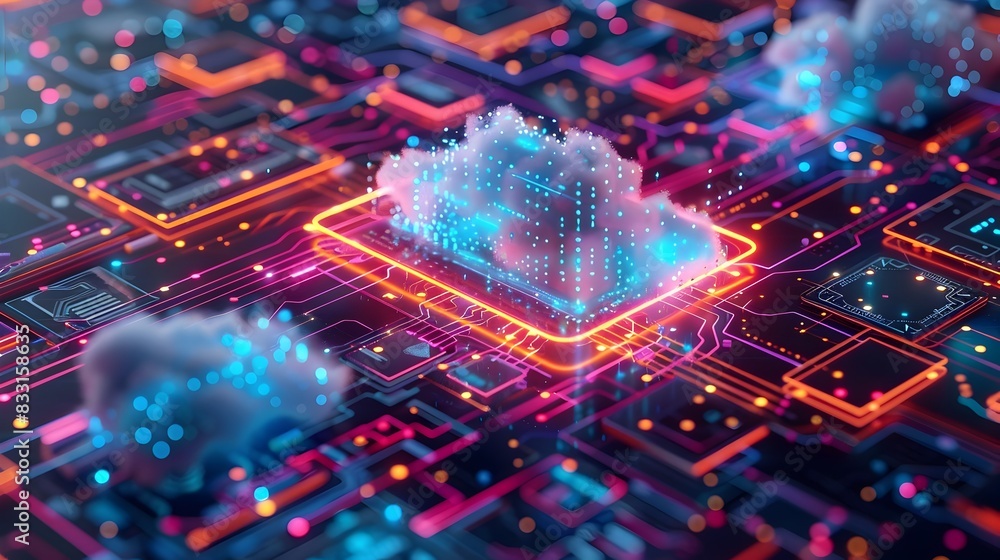 Poster cloud computing infrastructure with connected digital devices and vibrant data flow visualizing the 
