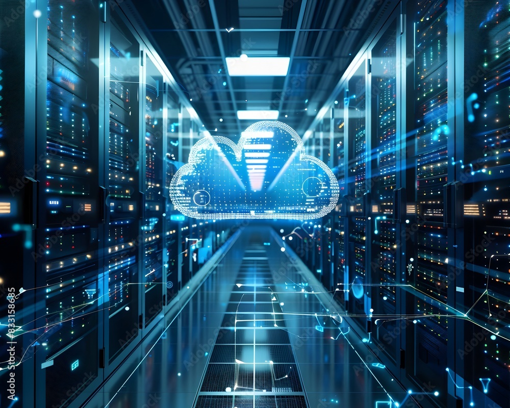 Poster futuristic server farm with organized cloud computing interfaces for digital technology and innovati