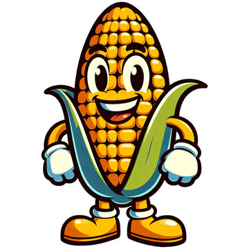 A cartoon of a corn cob with a big smile on its face. The corn cob is wearing a pair of shoes and has its hands on its hips. Clip-arts for decoration. PNG cliparts and stickers transparent background