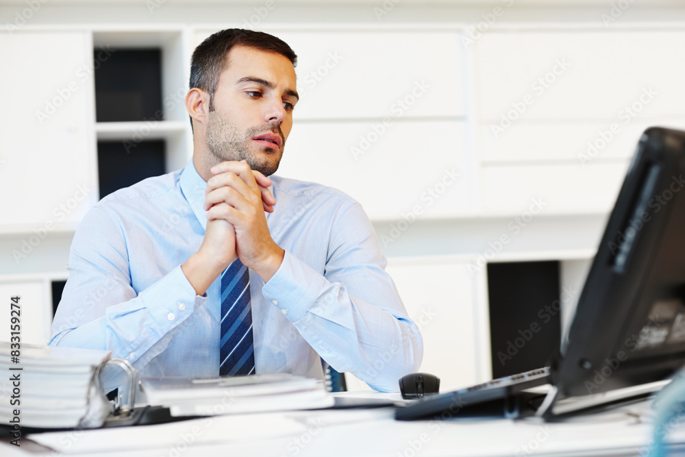 Aufkleber Businessman, thinking and computer at desk with document and notebook for research in office. Trader, stock market and reading online with paperwork for planning and brainstorming for proposal
