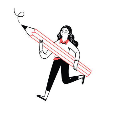 Young woman holding a big pencil.