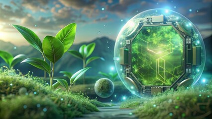 Futuristic concept of advanced technology integrating with nature shows a digital interface with plants in a vibrant, eco-friendly environment.