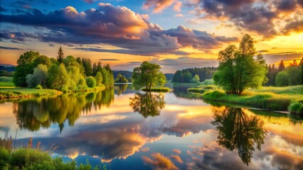 Stunning sunset over a serene lake with vibrant sky reflections, surrounded by lush greenery and trees, perfect for nature and landscape photography.