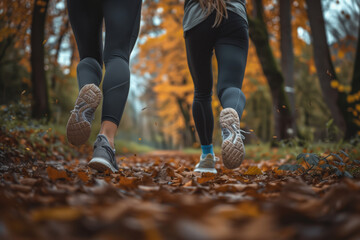 Two women walking through fallen leaves, close-up of runners' legs