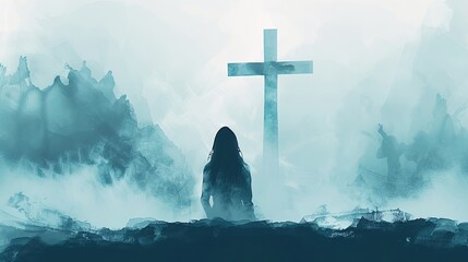 A woman is standing in front of a cross in a foggy forest - Powered by Adobe