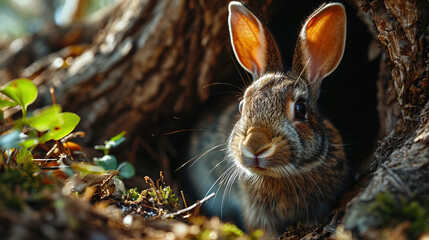 Fototapeta premium Adorable Small Squirrel in Tree Shelter Front View Focus On Foreground