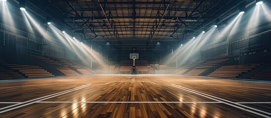 Empty basketball court with dramatic lighting on blurred background.