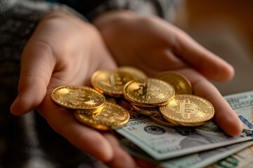 A close-up of a person's hands holding gold coins and dollar bills