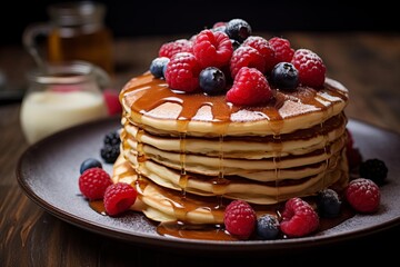 A stack of pancakes with syrup and berries on top,