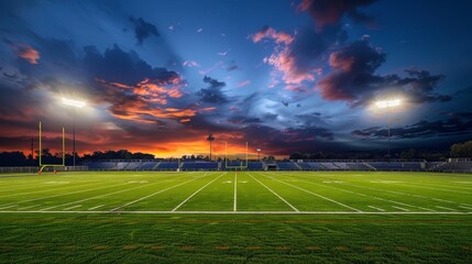 Fototapeta premium A brightly lit football stadium at night with an empty green field and dramatic skies, ready for an upcoming game or event.
