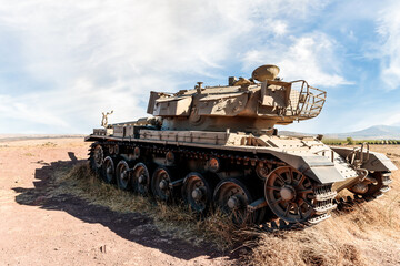A Israeli  tank destroyed during Yom Kippur War is located in the Valley of Tears near the OZ 77...