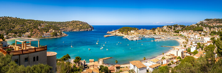 Panoramic view over the bay of Port de Sóller toward the Mediterranean Sea on a sunny day, ideal...