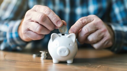 Hands of a man carefully inserting a coin into a white piggy bank, showcasing the commitment to building wealth and financial stability.