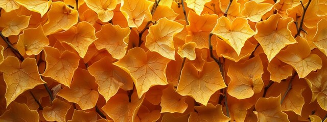 Macro shot many yellow leaves spread together to form a beautiful pattern. 
