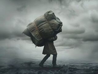 Person Carrying Excess Weight as Heavy Baggage in Surreal Dreamlike Realism