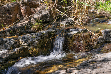 The small  waterfall on the Zavitan stream flows into the Yehudia National Natural Park in northern Israel