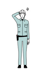 Female engineer in helmet and work wear scratching her head in distress.