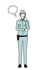 Female engineer in helmet and work wear thinking while scratching her face.