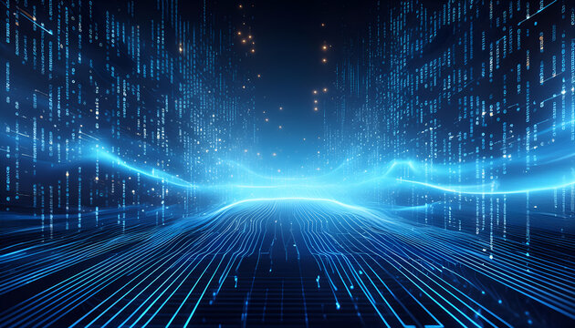 A digital visualization of data flow, with blue binary code streaming towards a vanishing point, symbolizing concepts of big data and information technology.