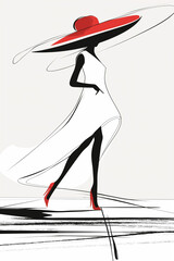 Sketch of a silhouette of an elegant woman with feminine dress and large hat in black and white and red