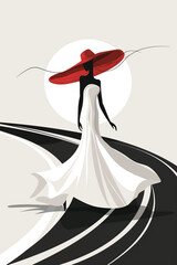 Sketch of a silhouette of an elegant woman with feminine dress and large hat in black and white and red