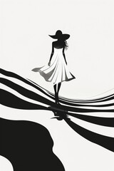 Sketch of a silhouette of an elegant woman with feminine dress and large hat in black and white 