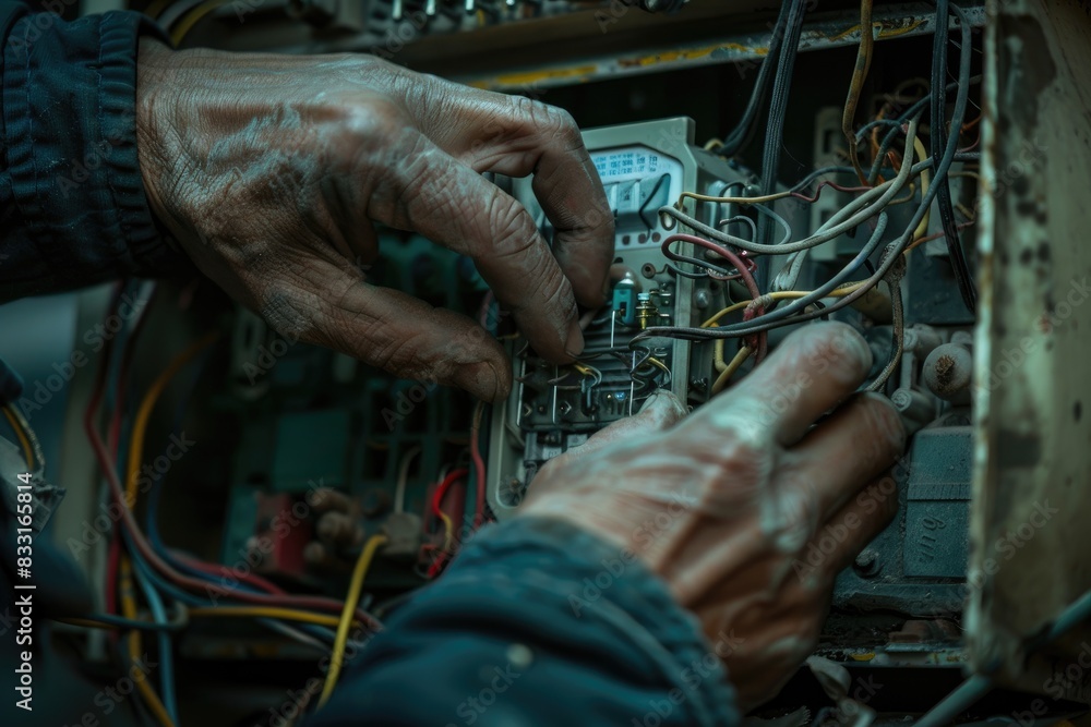 Aufkleber close up detail of an electrician hands working with wires and fuse switch box.